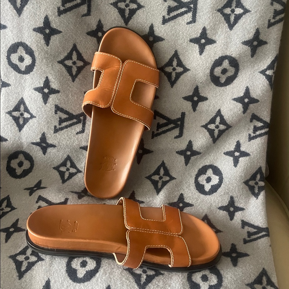 Dune London Tan Leather Slide Sandals - Picture 5 of 6